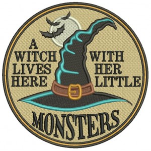 A Witch Lives Here With Her Little Monster Halloween Filled Machine Embroidery Design Digitized Pattern